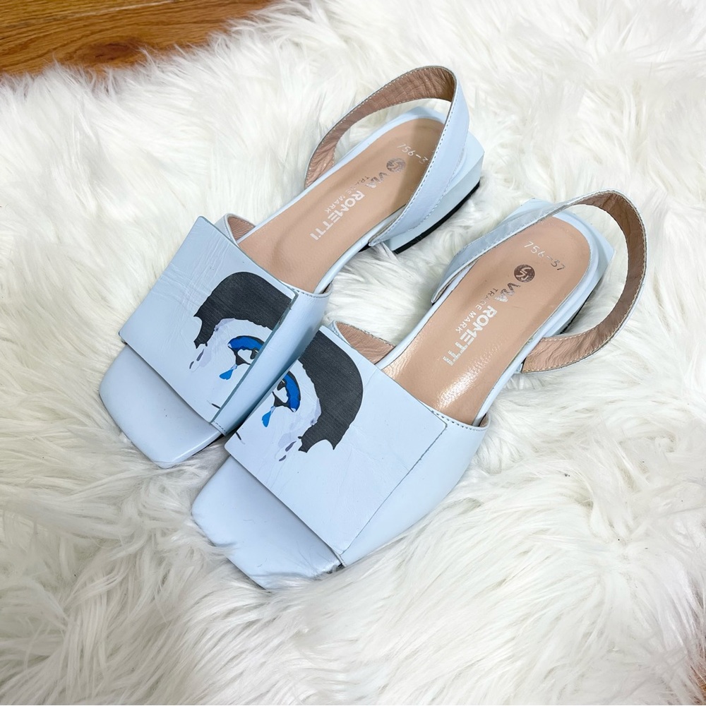 Via Rometti Made In Turkey Slide On Sandals Crying Graphic Blue Size 37